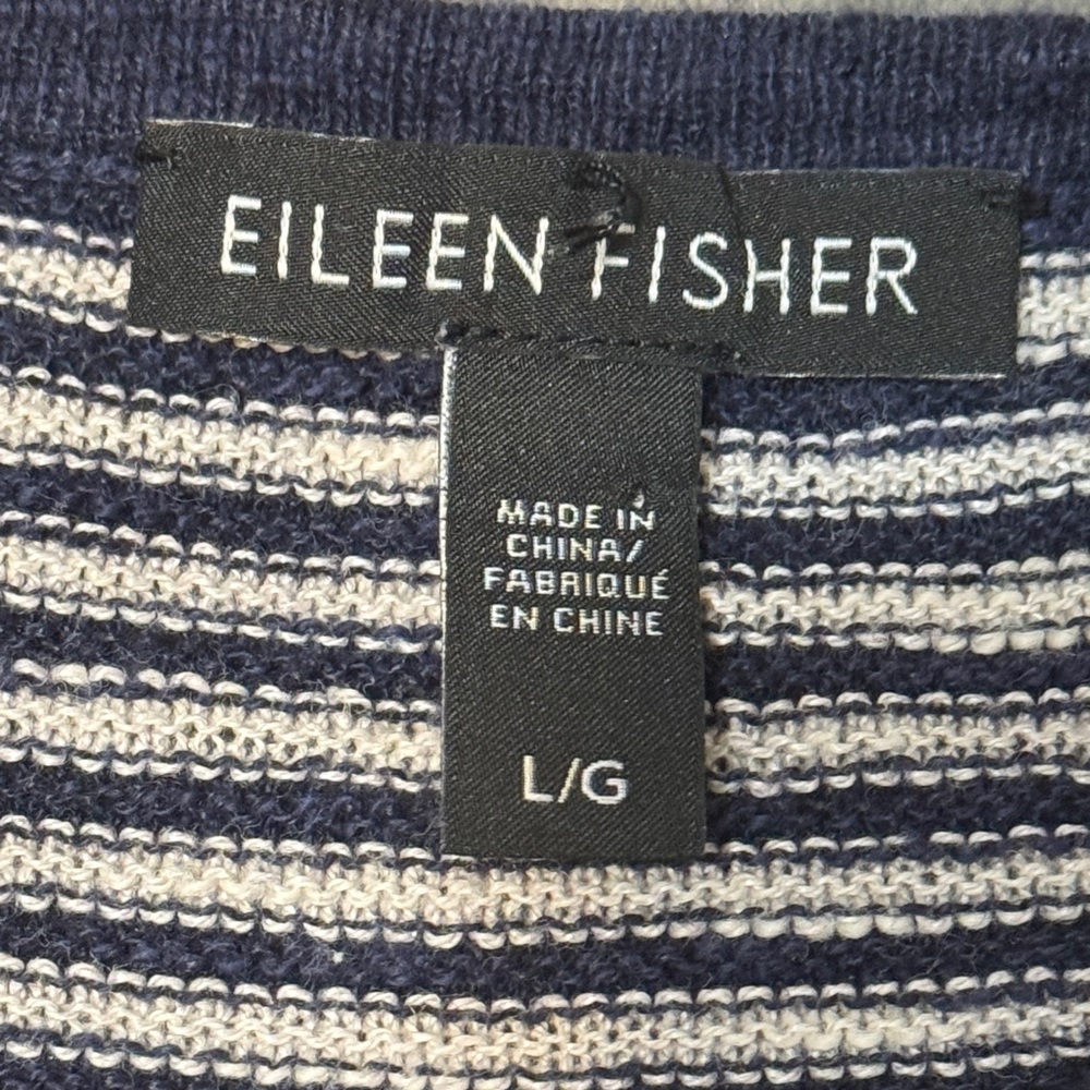 Eileen Fisher Navy and Gray Striped Organic Linen/Cotton Striped Sweater size L - Picture 7 of 11